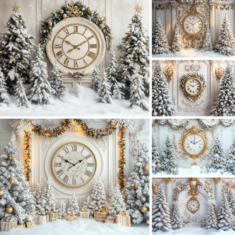New Year Bell Big Clock Backdrops Kids Adult Photography Child Baby Photocall Winter Snowy Castle Christmas Trees Backgrounds