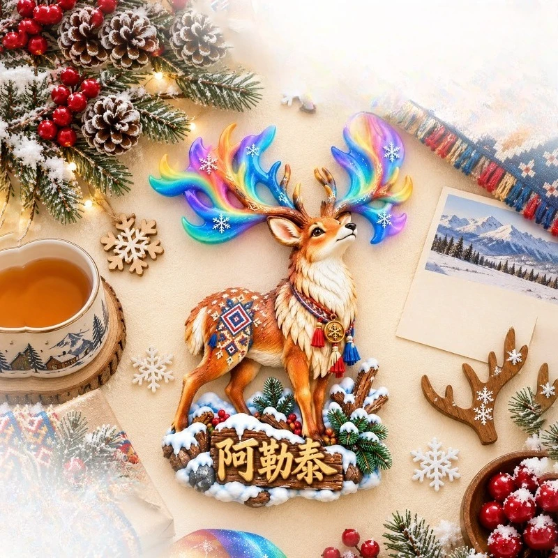 Altay Aurora Reindeer Fridge Magnet - Magical 3D Xinjiang Souvenir Unique Northern Gift for Travel & Winter Decor