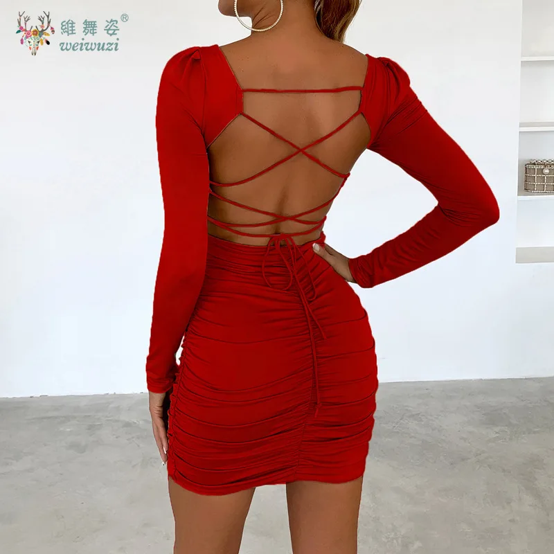 Otoño Sexy sin espalda de manga larga Slim Fit envuelto nalgas vestido de noche de fiesta de moda club nocturno cóctel vestido corto