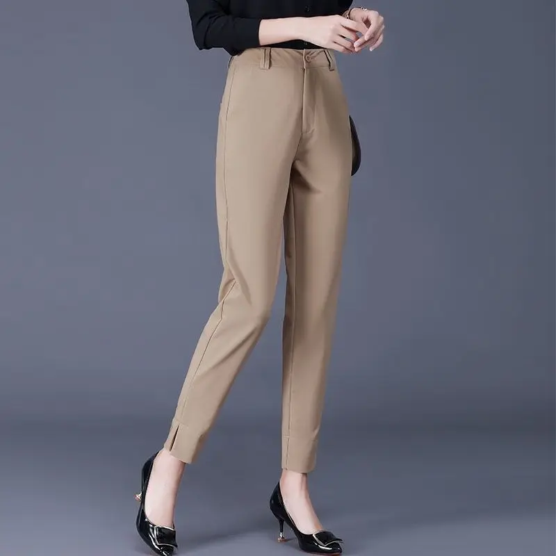 Korean Solid Color Suit Nine Points Pants Spring Summer Office Lady Button Patchwork Pockets Slim Split Straight Trousers Female