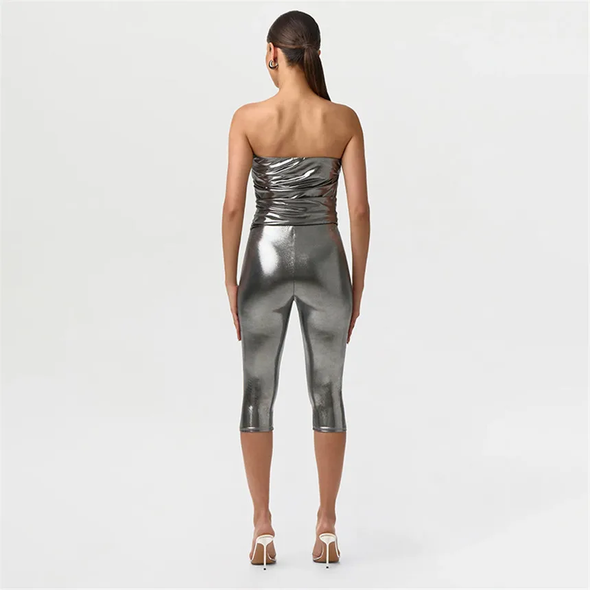 Summer Women Metallic 2 Piece Set Off Shoulder Ruched Crop Top+High Waist Bodycon Capri Pants Outfit Sexy Club Party Streetwear