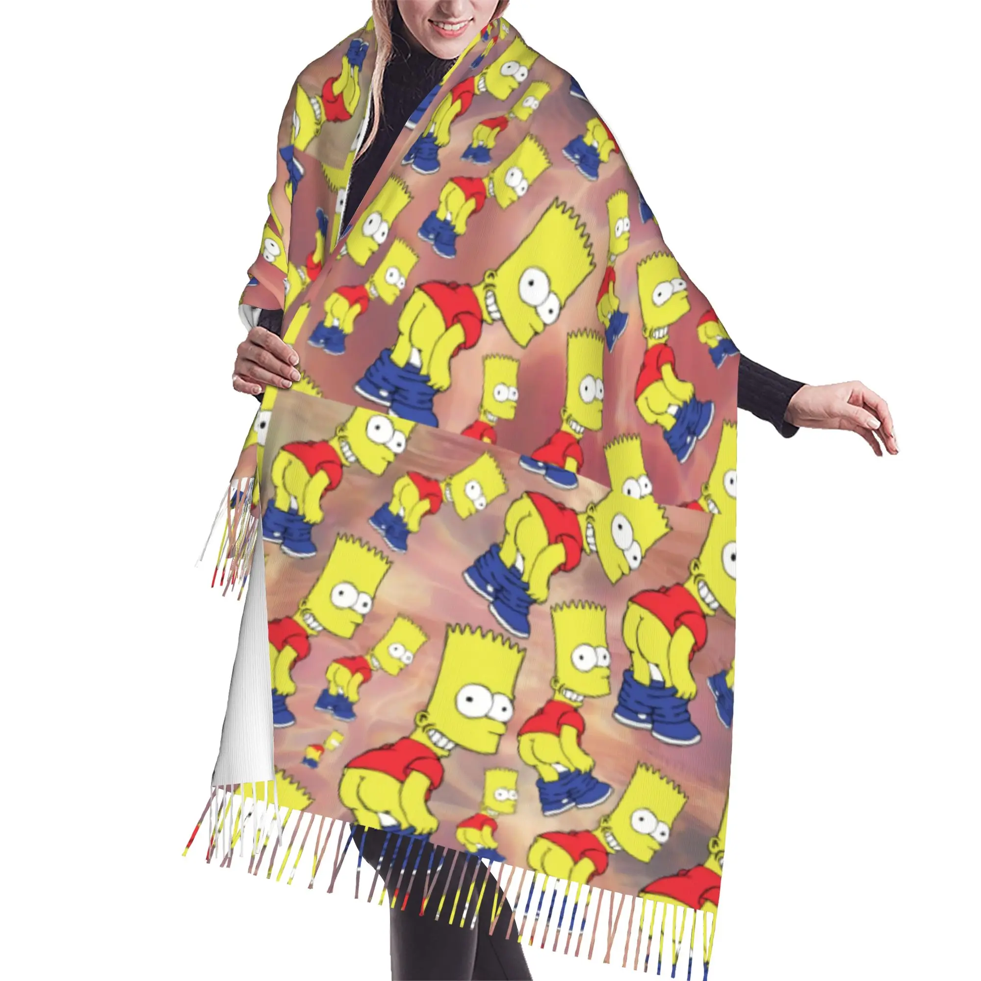 Custom S-Simpsonsed Anime Scarf Wrap Women Long Winter Fall Warm Tassel Shawl Unisex Homer Cartoon Scarves