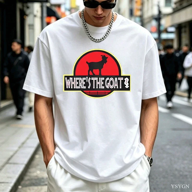 Where's The Goat Dinosaur T-Shirts Funny Humorous Cotton Short Sleeve T Shirts Round Neck Print Y2k Men's Clothing Streetwear