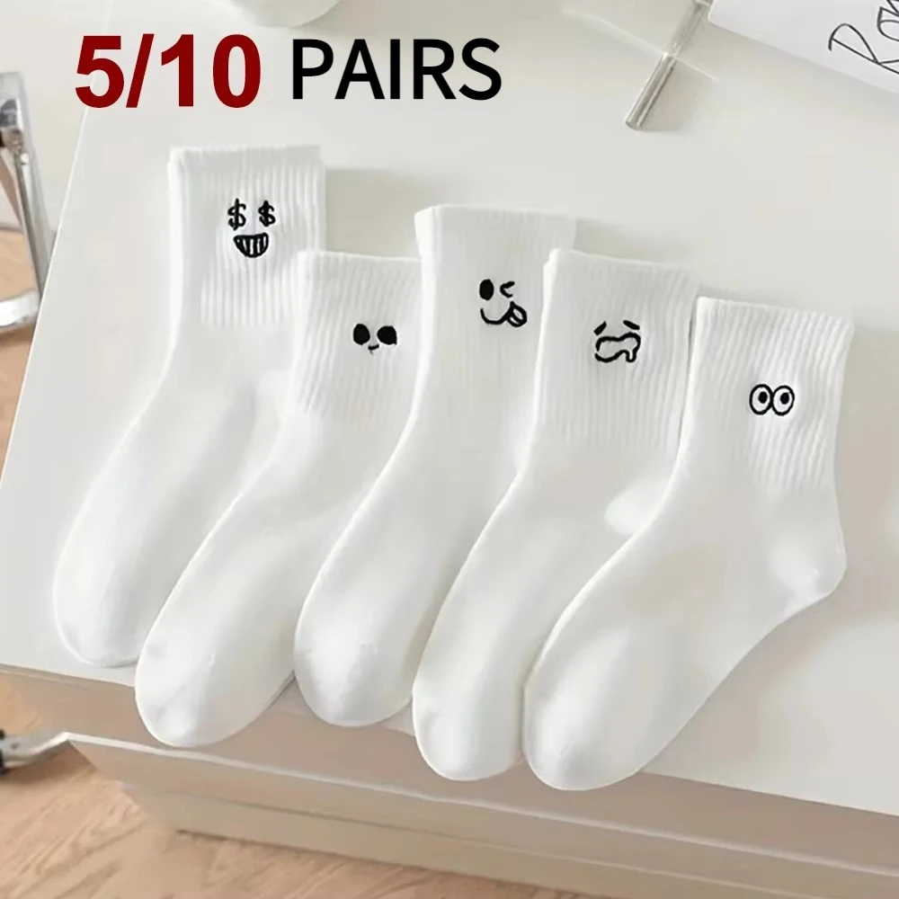 5 /10 Pairs Women White Cartoon Socks Trendy Versatile Expression Socks Simple Design Soft Breathable Casual Outdoor Socks