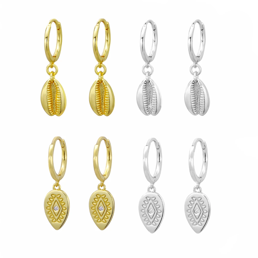 

925 Sterling Silver Shell/Evil Eye Hoop Huggie Earrings Real Gold Plated For Women Summer Beach Shell Vintage Hoop Earrings Boho