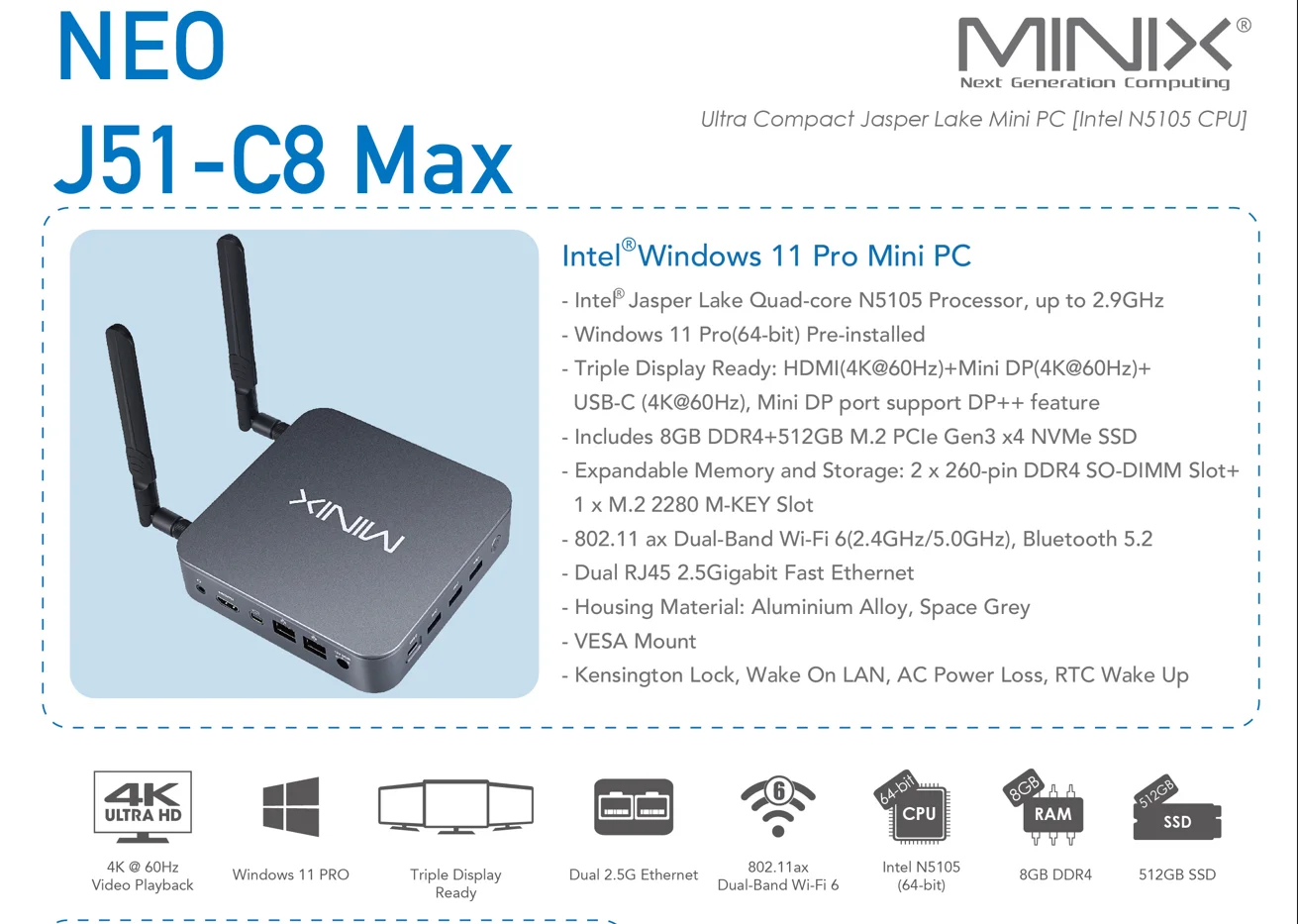 Minix neo J51-C8 max mini computer, 8gb/512gb m.2 pcie nvme ssd windows 11 pro, aluminium/Wi-Fi6/dual 2,5 gb lan/USB-C/dreifach disp