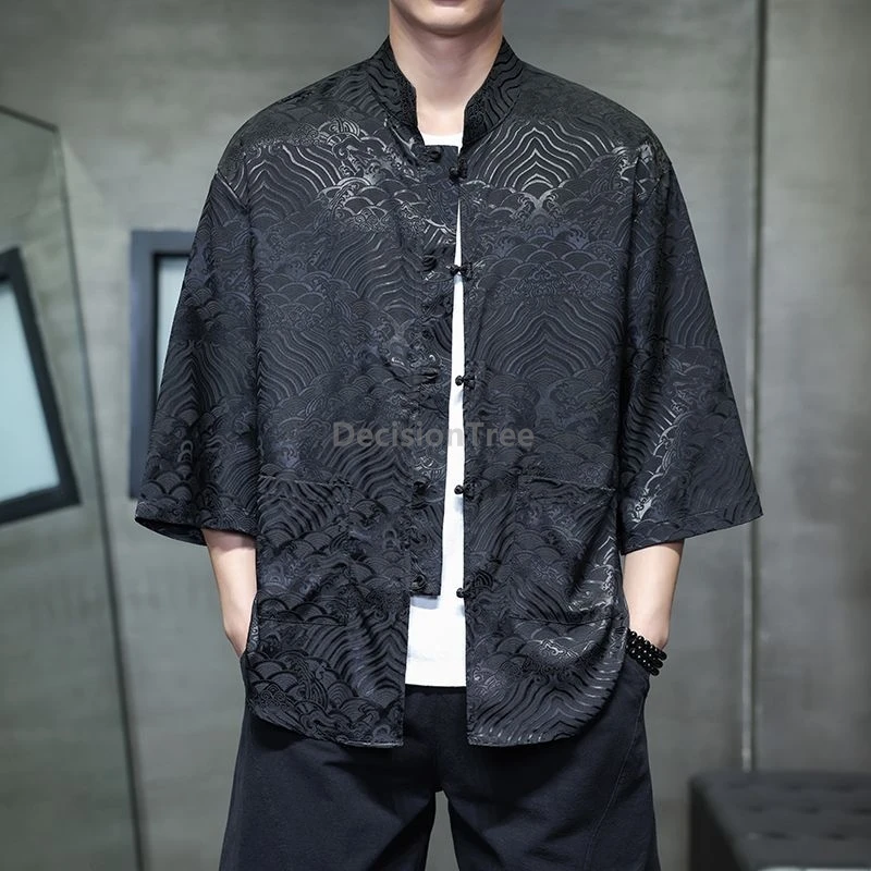 2025 النمط الصيني رقيقة الحرير الجليد قميص رجالي الرجعية الراقية المألوف الجاكار تانغ دعوى قميص صيفي أنيق متعدد الاستخدامات