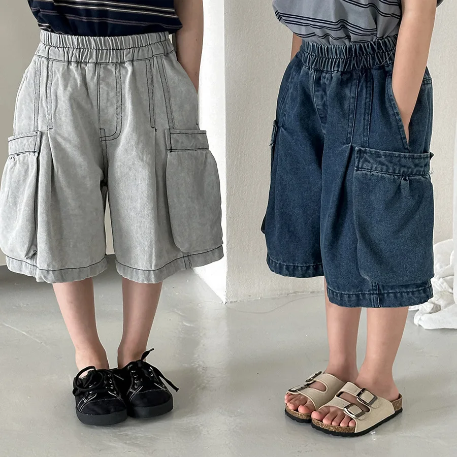 2026 Children's Summer New Denim Mid Pants for Baby Boys and Girls, Used Fashionable Loose Pocket Work Shorts
