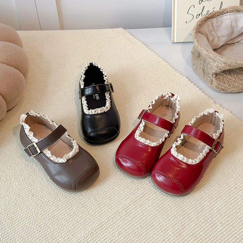 Children's Flats Sweet Ruffled Edge Girls Fashion Leather Shoes Princess Spring Autumn Kids Causal Ballet Dress Mary Jane Shoes