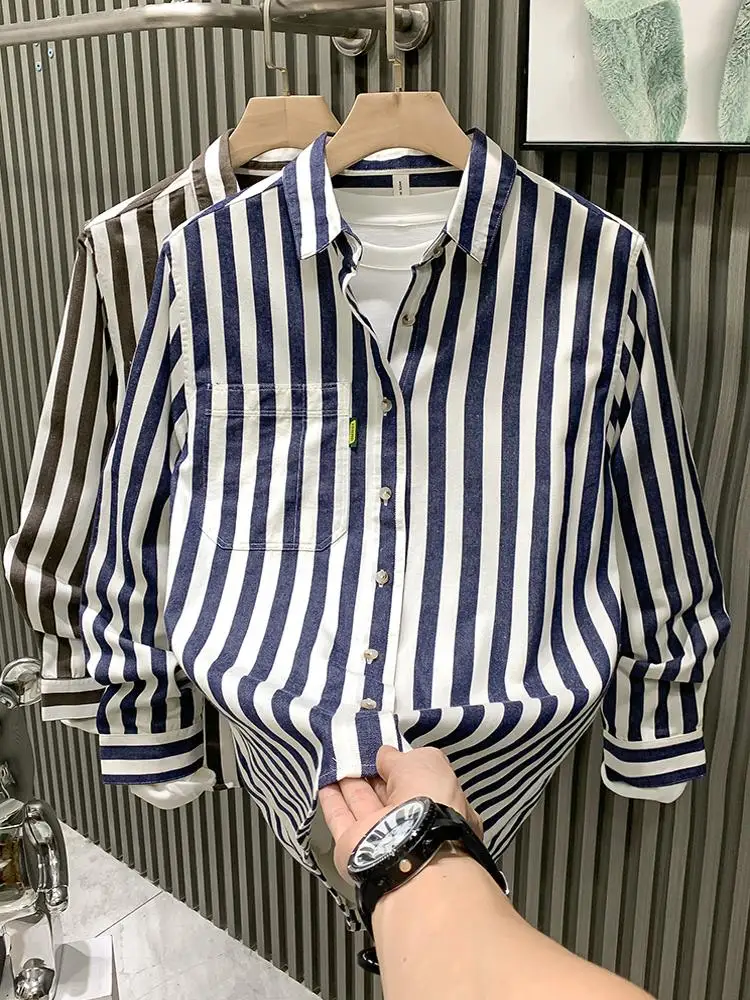 

Мужская длинная рубашка в полоску Spring Faion, молодежная, повседневная, класса люкс, высококачественная, европейский стиль, модный бренд, не требует глажки...