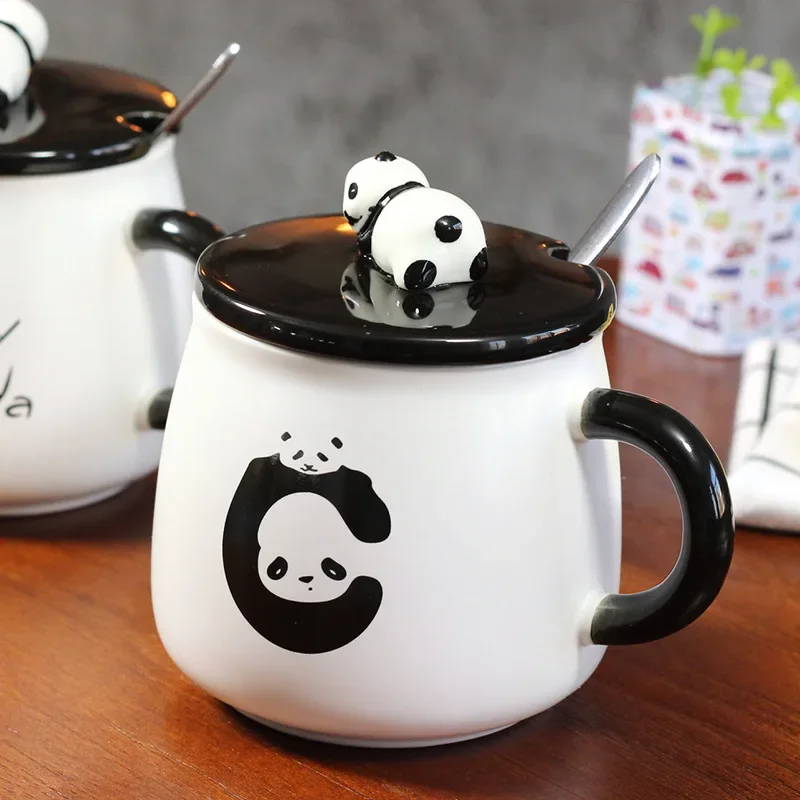 Cartoon Panda Mug Three-dimensional Ceramic Coffee Cup with Lid Spoon Office Home Couple Cup Breakfast Milk Drink