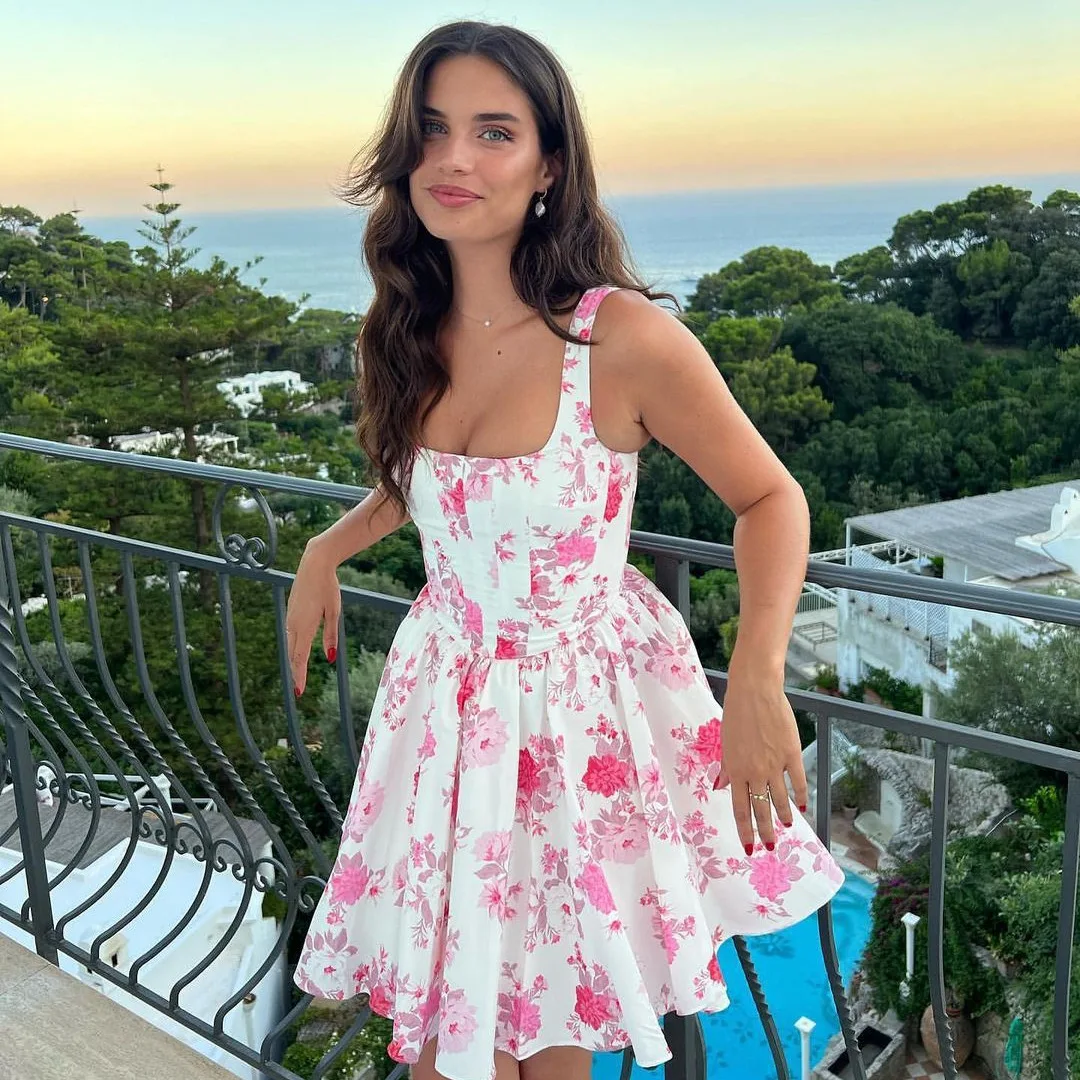 

Sexy slim-fitting waist one-word collar suspender floral rose print dress fashionable simple and versatile temperament luxury el