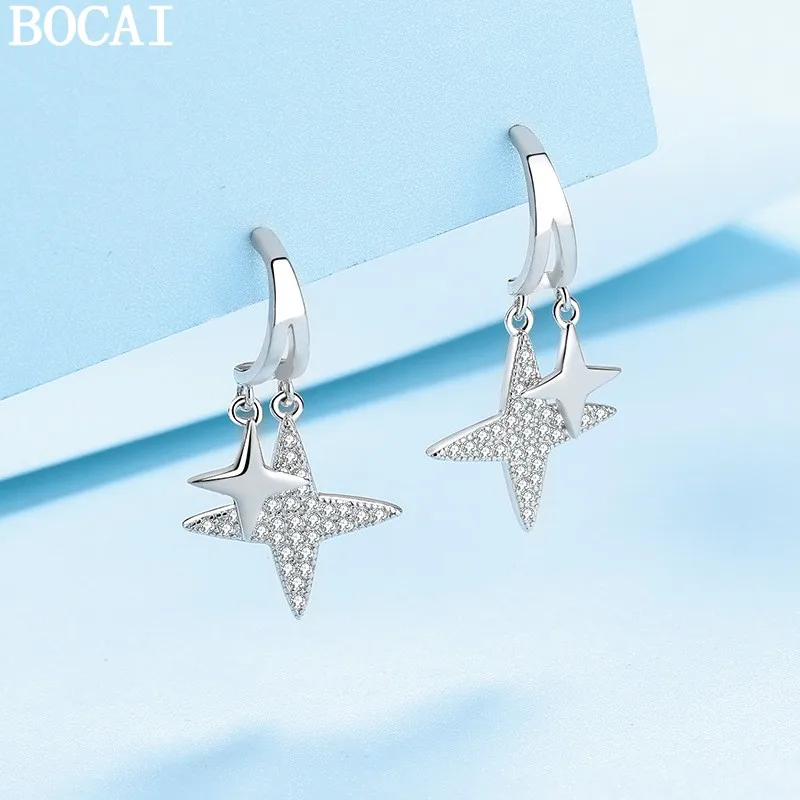 BOCAI S925 Pure Silver Sweet And Lovely Inlaid With Moissanite Star Earrings