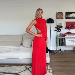 Elegant Red Draped Long Dress High Neck Backless Slim Fit Evening Gown Asymmetrical Sleeve Formal Dress Ball Gown Women's Wear