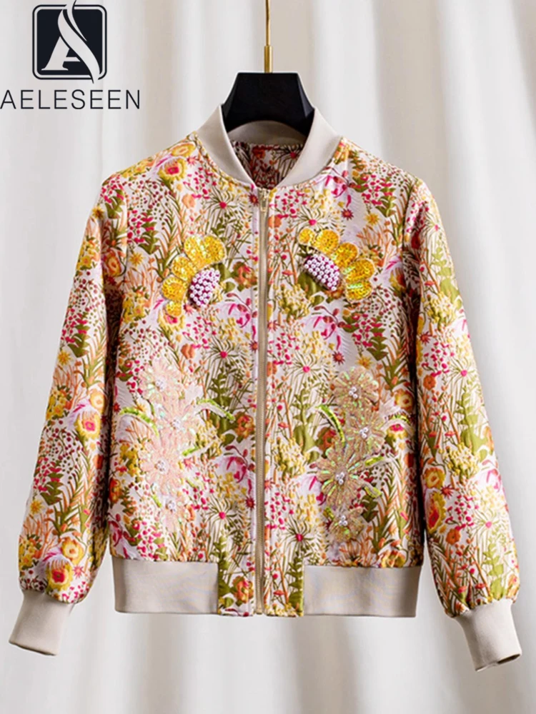 AELESEEN Designer Fashion Jacquard Jacket Women Autumn Winter Luxury Sequined Beading Flower Printed Casual Loose Coat Female