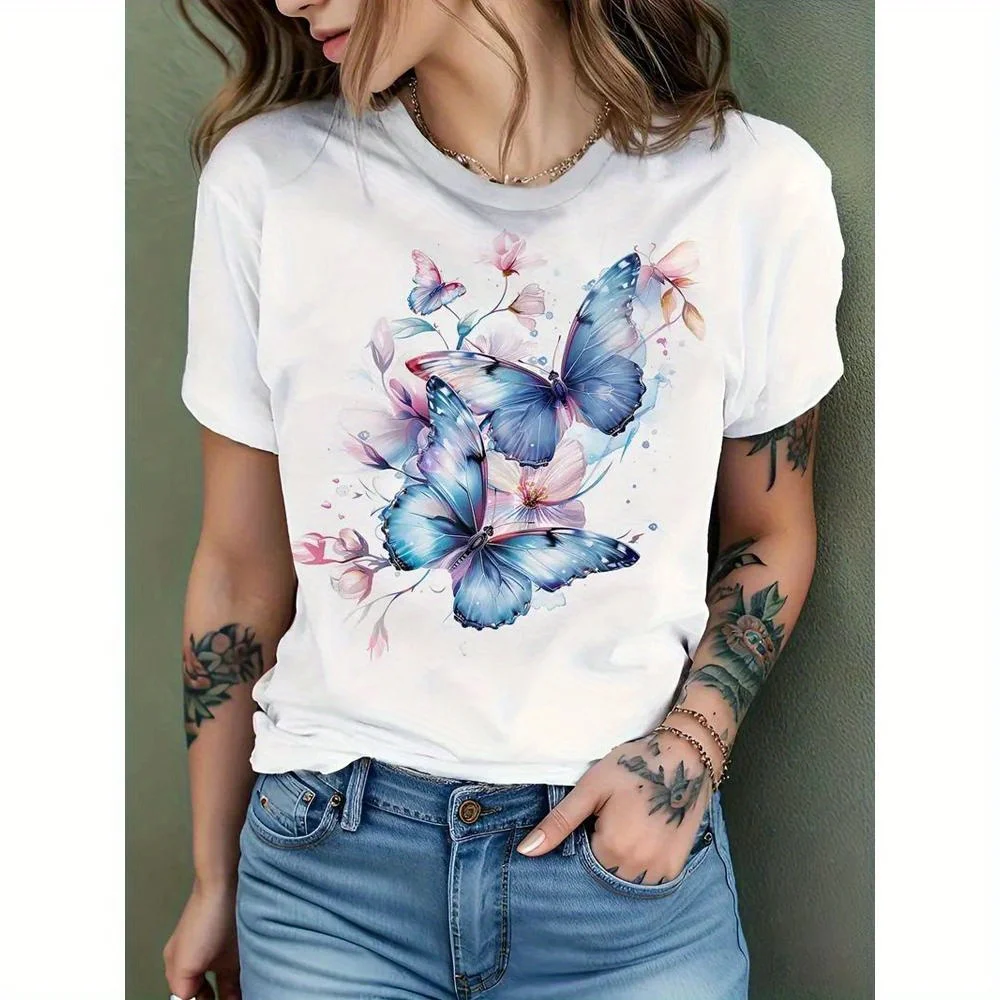 Camiseta 100% con estampado geométrico de mariposas y flores para mujer, top informal de manga corta con cuello redondo suave, lavable a máquina para todas las estaciones