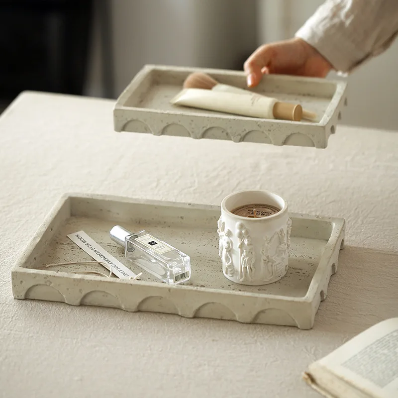 Wabi Sabi Style Retro Beige Imitation Cave Stone Tray Desktop Decoration Homestay Bathroom Storage Decor Tray Home Decoration