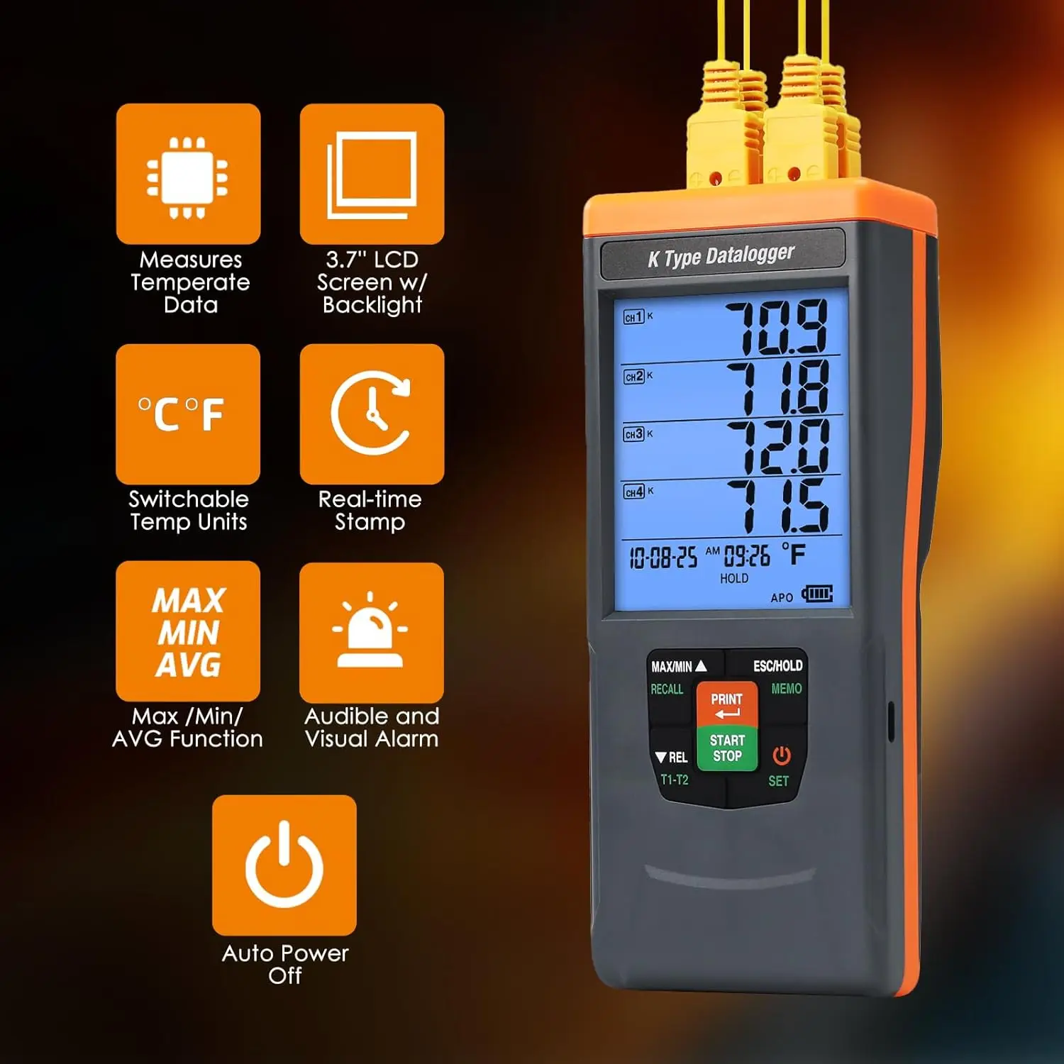 4-Channel Digital K-Type Thermocouple Thermometer Data Logger Backlight Buzzer Alarms USB Export ABS Material Temperature