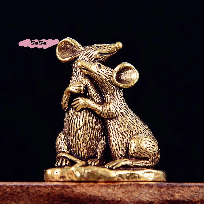 S-1Pc Rat Small Statue Miniatures Desktop Ornament Antique Copper Love Mouse Figurines Living Room Home Decor Crafts Accessories