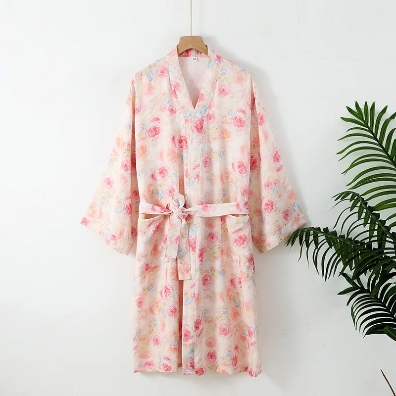 

2025 New Spring/Summer Women's Sleeping Robe 100% Cotton Gauze Thin Bathrobe Large Loose Japanese Kimono Robe Home Clothing