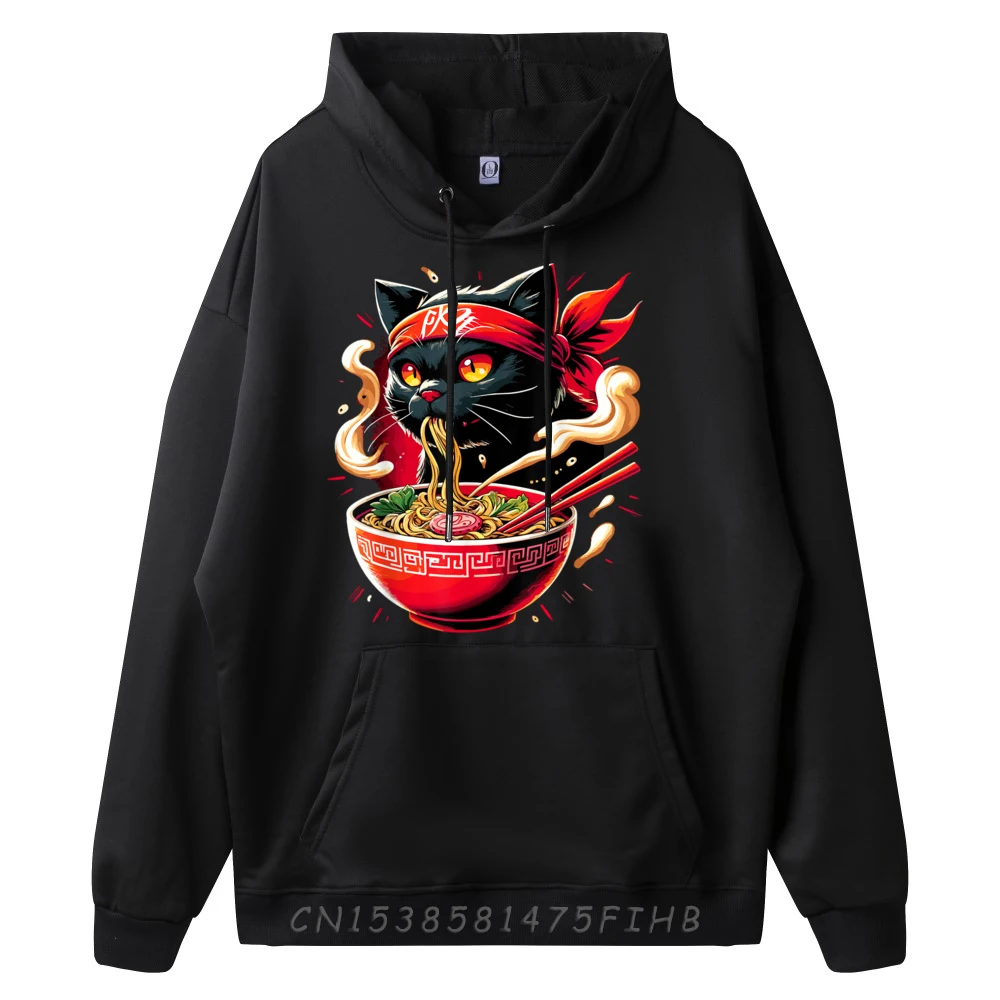 Cat Ramen Noodle Japanese Manga Kawaii Cat Vintage Hoodies Men Band Tshirts Street