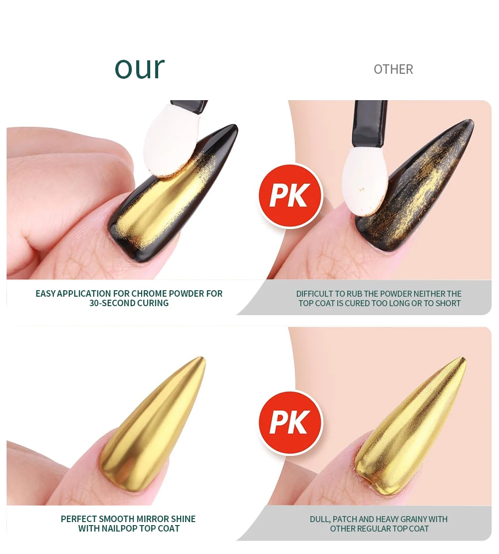 Nailpop Chrome Powder Top Coat Hochglanz Top Coat Gel Nail Sealer Langlebig Einfach zu bedienende UV-Lampe Dip DIY Salon Art Designs – Detail 2