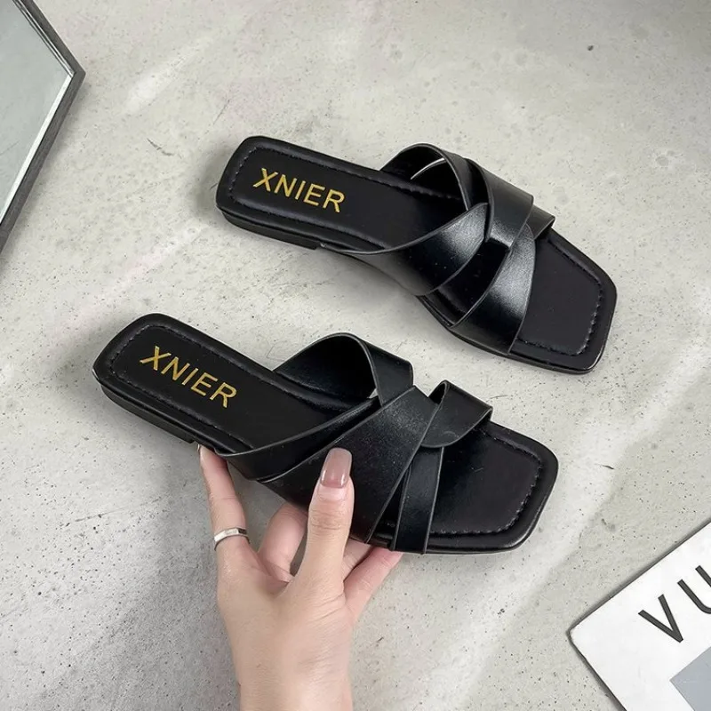 Women Slippers Summer New Sexy Square Toe Fashion Cross Strap Beach Women Outdoor Soft and Comfortable White Casual Slippers