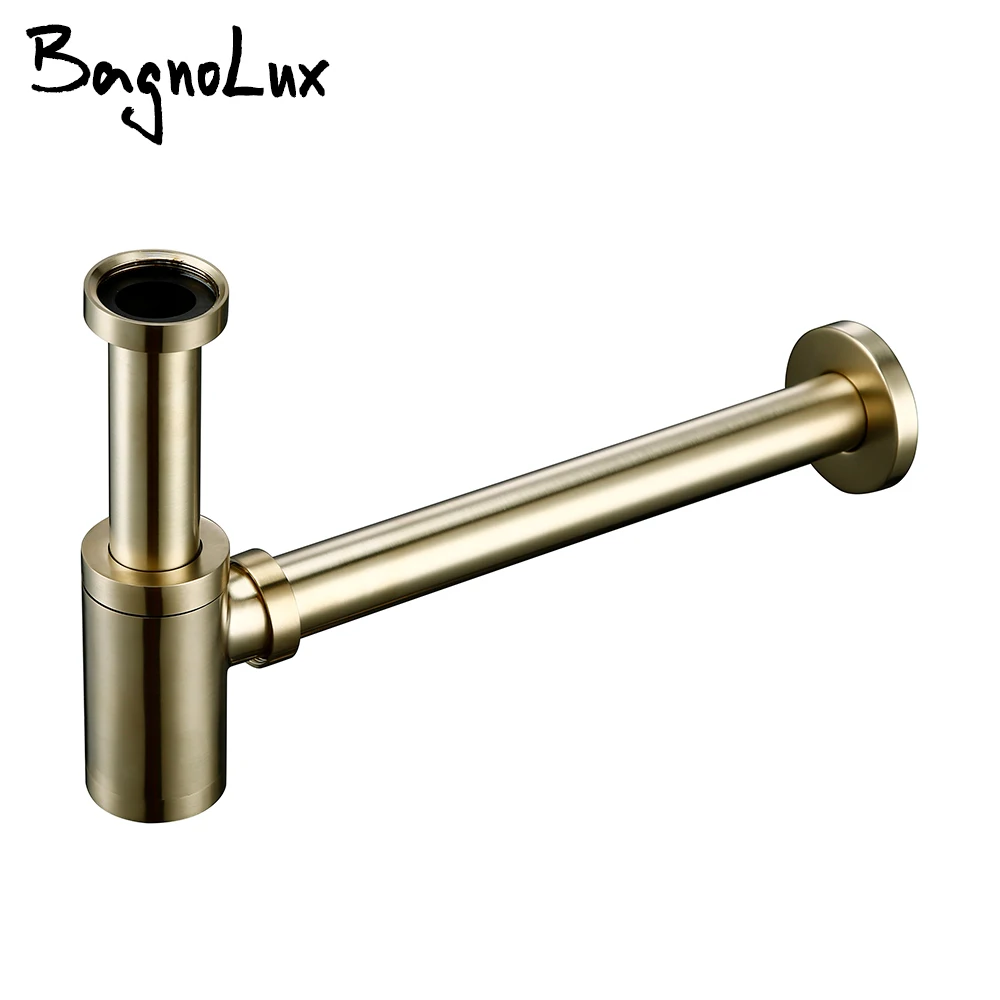 

Brushed Gold Basin Waste Drain Plumbing P-Trap Bathroom Sink Siphon Drain Sewer Pipe Kit Brass Body Wall Drain