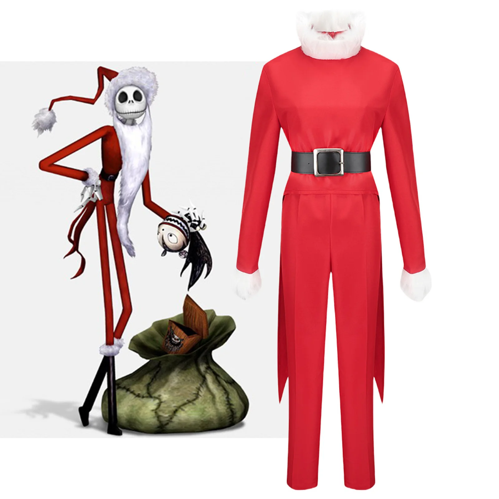 Movie Jack Skellington Cosplay Jumpsuit Santa Claus Costume Outfit with Mask Skull Hat New Year Party Fancy Dress Up Halloween