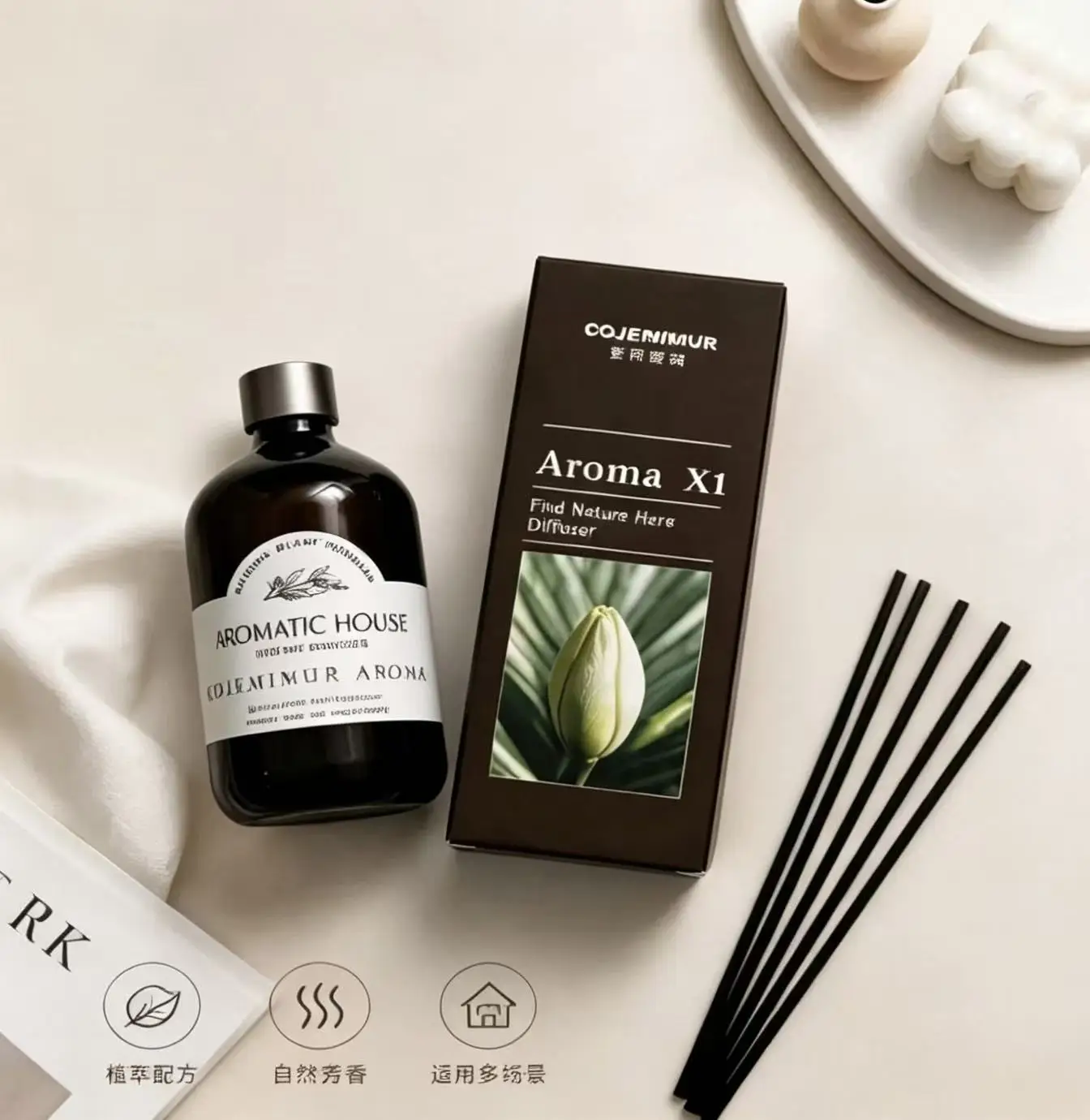 320ML Fresh Air Reed Diffuser Decor, Ebony Agarwood/Citrus Bedroom Natural Scent , Office Study Decoration Fragrance