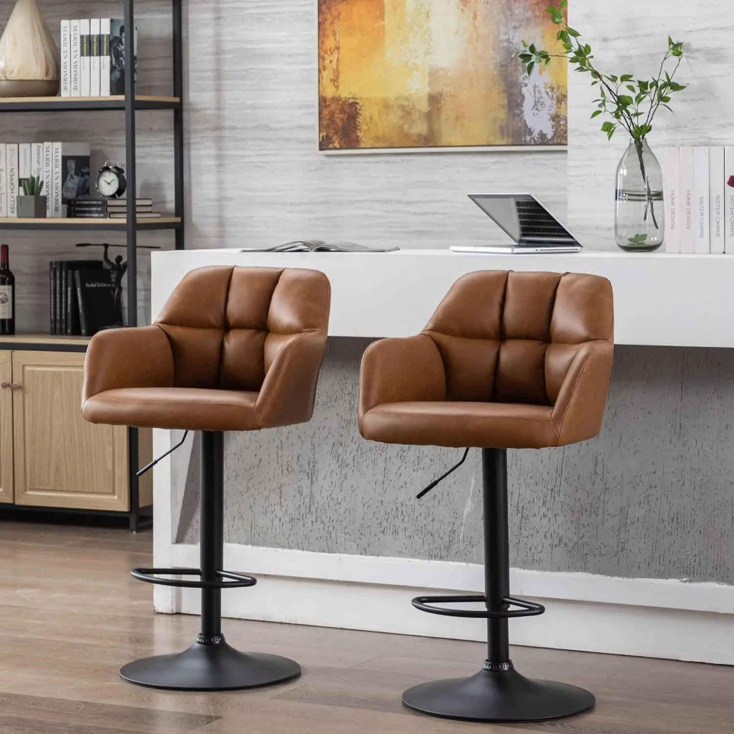 

Набор из 2 барных стульев 30 дюймов, коричневые кожаные вращающиеся барные стулья с мягким сиденьем и спинкой, регулируемые по высоте, с возможностью индивидуальной настройки