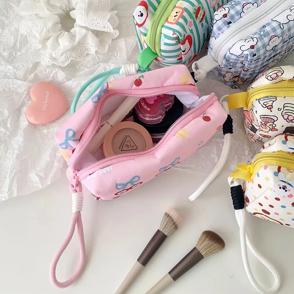 Cute Fashion Striped Apple Cherry Handheld Makeup Bag Korean Girl Large Capacity Lipstick Storage Bag Student Stationery Pen Bag