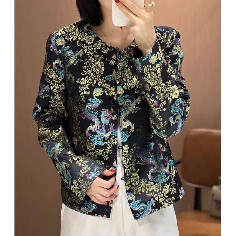 High-Quality Spring New O-Neck Rayon Blended Fabric Chinese Style Jacquard Dragon +Handmade Button Women's Jacket S-XL