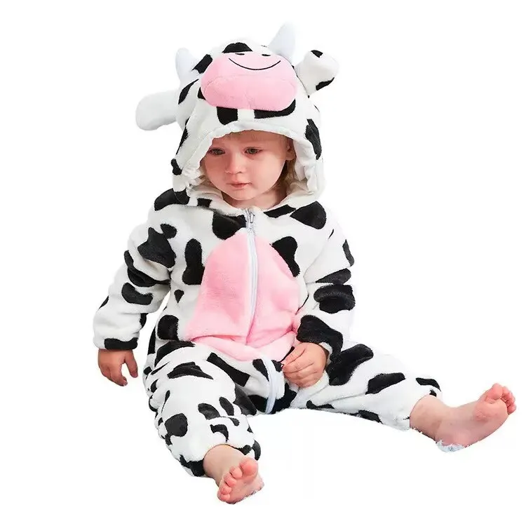 

Winter Infant Baby Clothes 3D Cow Hooded Romper with Zipper Soft Flannel Warm Crawling Suit Cozy Homewear Photoshoot Costume