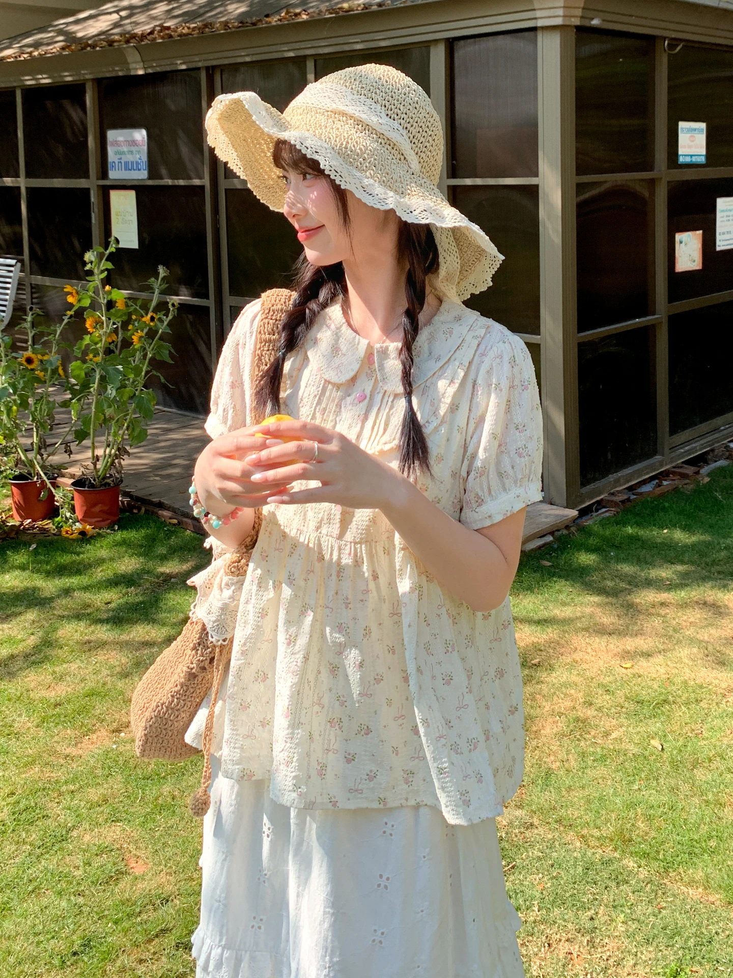 

Floral Print Doll Collar Loose Fit Bubble Sve irt Women's Summer Top Breathable Cotton Blend Comfortable Casual Blouse