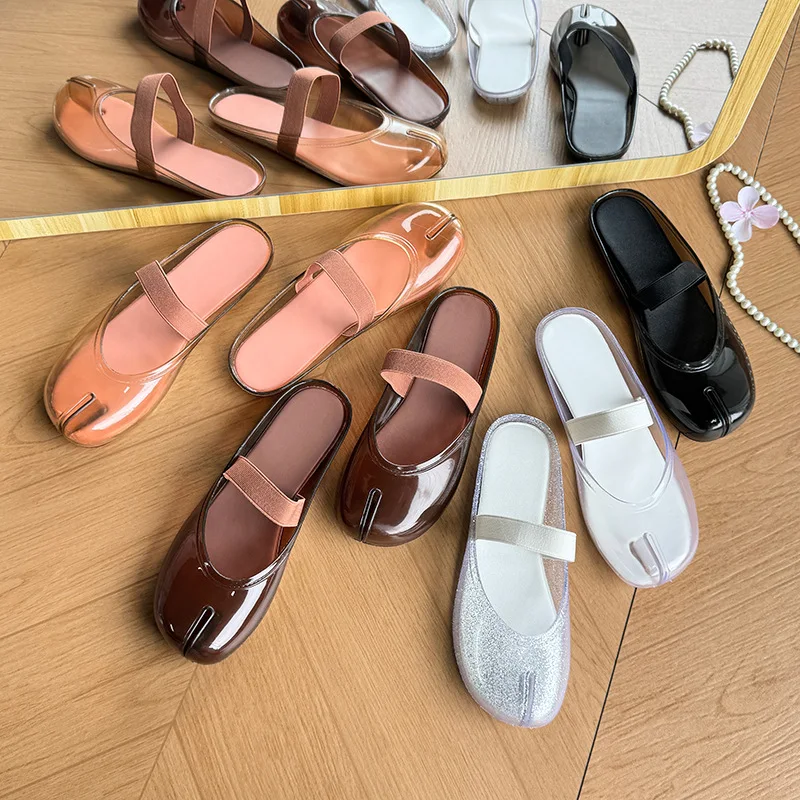 Koreanische Trendige Split-Toe Damen Jelly Sandalen Flache Slip-On Mules mit Einzelriemen Geschlossene Zehenpartie Kristall-Hoof-Schuhe für den Sommer – Detail 2