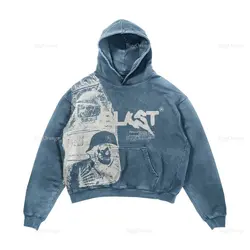 Hoodie gótico casual masculino, padrão estampado com explosão do alfabeto, roupas masculinas, moda caveira, Harajuku, casacos retrô Y2K, streetwear, 2024