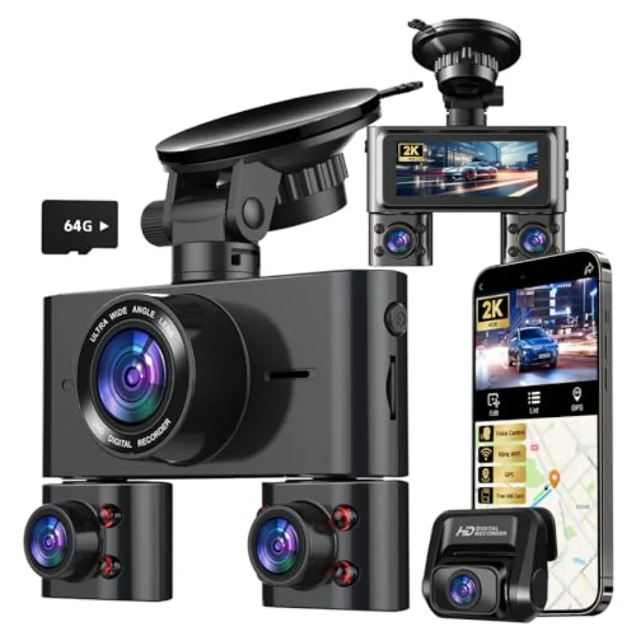 

Dash Cam 360 for cars: 4-channel 2K FHD mini dashcam with 5G WiFi, GPS, free 64GB card, voice control, WDR/HDR, night vision, 2