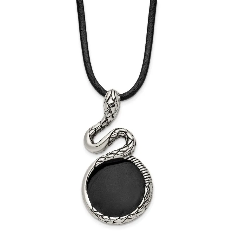 

Chisel Stainless Steel Antiqued and Polished Enameled Snake Pednant on a 20 inch Leather Cord Necklace