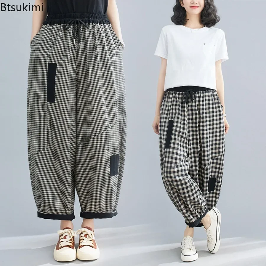 2024 Spring Korean Style Bloomers Women\'s Vintage Plaid Loose Ankle-length Pants Fashion Cotton Linen Casual Trousers for Women