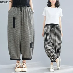 2024 Spring Korean Style Bloomers Women's Vintage Plaid Loose Ankle-length Pants Fashion Cotton Linen Casual Trousers for Women