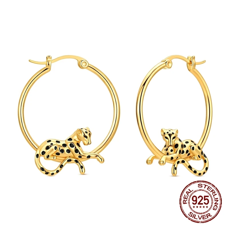 925 Sterling Silber Goldene Leoparden-Cheetah-Creolen mit schwarzer Emaille, gepunktete Panther-Creolen für Damen, Schmuckgeschenke