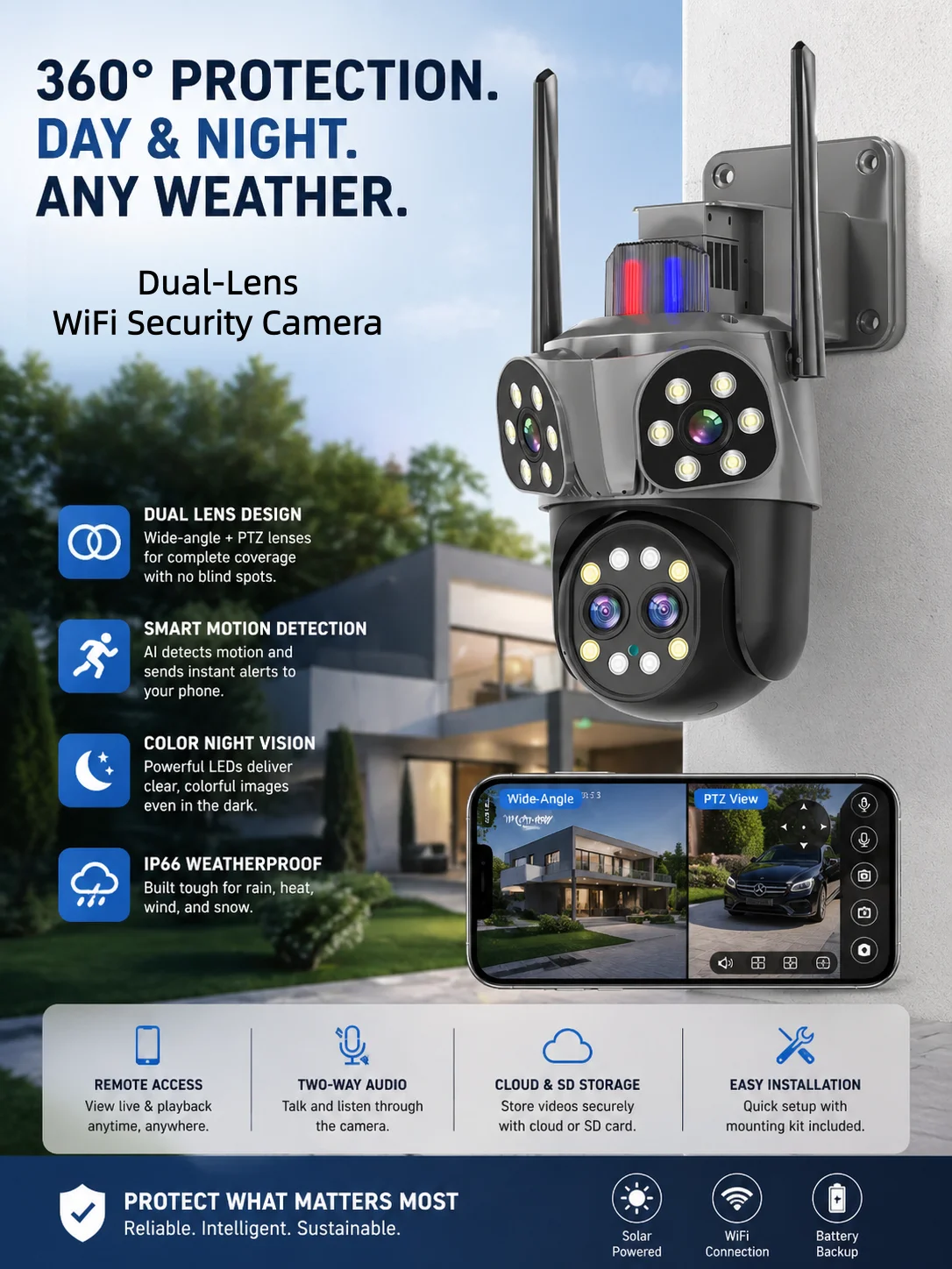 камера видеонаблюдения Surveillance Three-Screen 4-Lens 10X PTZ Zoom Outdoor Security IP Camera Color Night Two Way Audio Cam