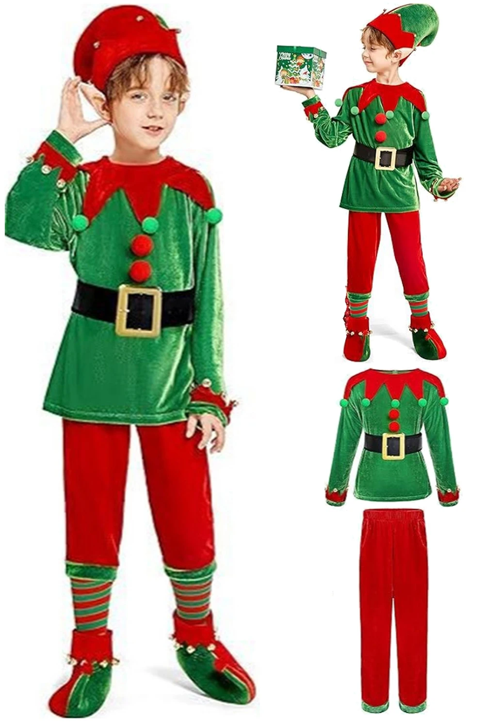 Costume da elfo di Natale per bambini Ragazzi Velluto Elfo Verde Top + Pantaloni + Cappello + Calzini + Scarpe + Orecchie da elfo per Babbo Natale Vestire la vigilia di Natale