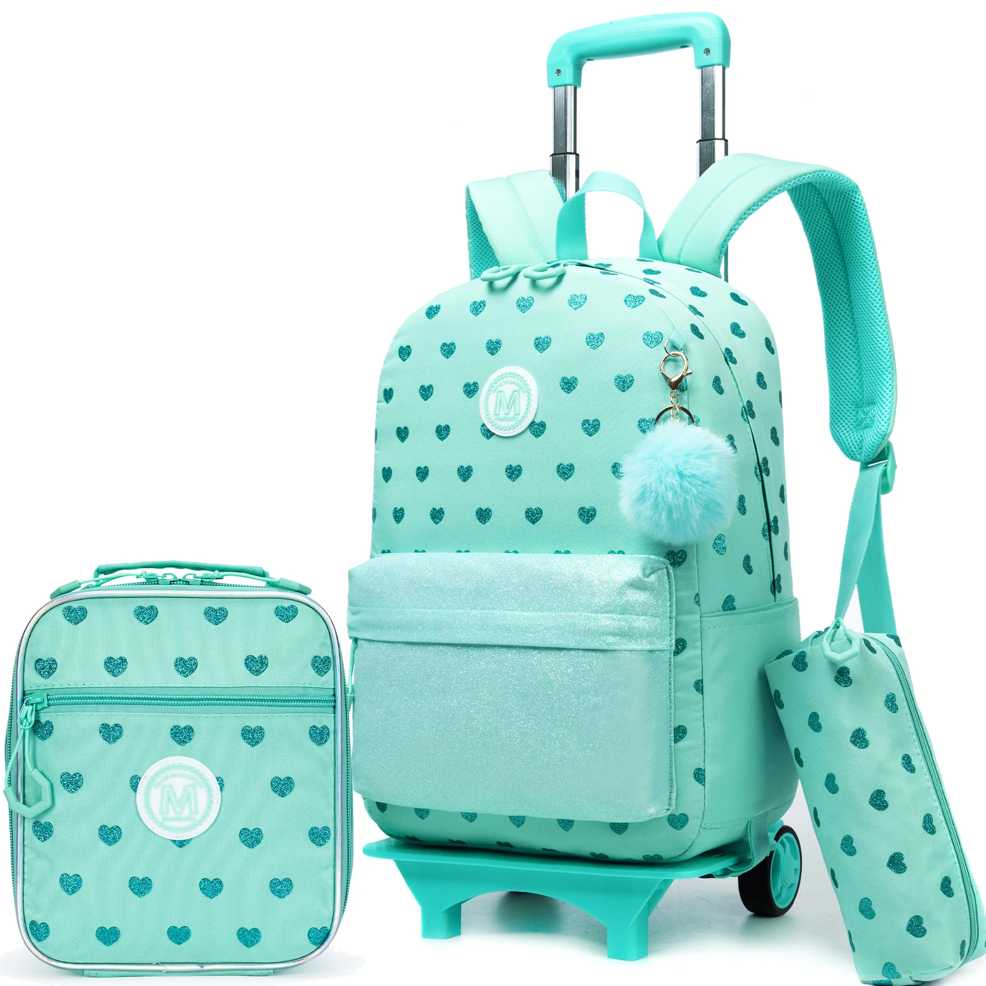 Cute Love Rolling Backpack for Girls, Ribbon Bow, Trolley, mochila da escola primária, lancheira, caneta B, 3Pcs