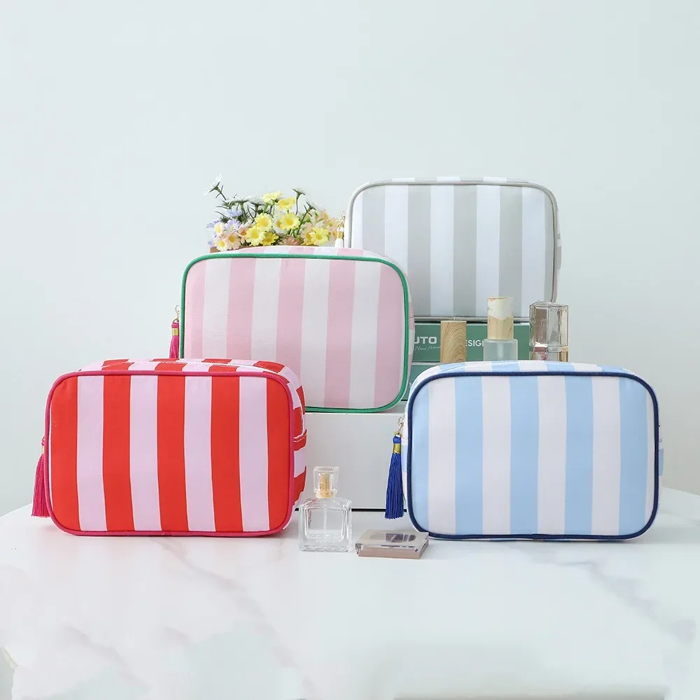 Canvas Striped Tassel Cosmetic Bags Women Fashion Versatile Portable Makeup Pouch Female Casual Large Capacity Storage Bag