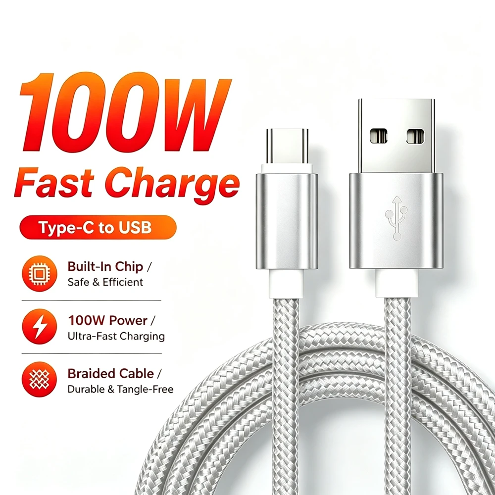 Type C USB 100W Fast Charge Braided Cable For iPhone 15 16 17 Pro Max Samsung Xiaomi Huawei OnePlus Quick Charging Data Cables