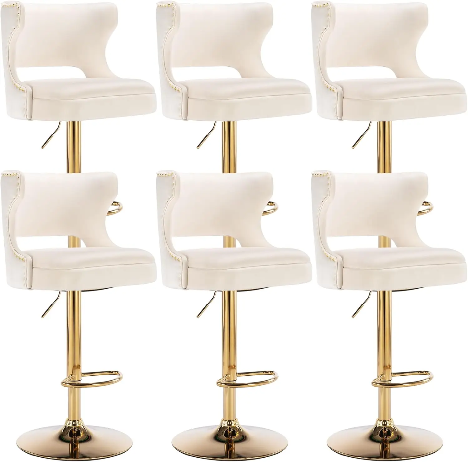 Westice Gold Bar Stools Set Of 6, Counter Height Adjustable Barstools, Modern Velvet Swivel Bar Chairs With Curved Back, Metal