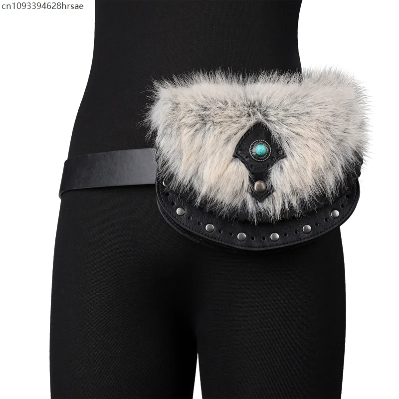 Retro ﻿Medieval Waist Bag Fur PU Leather Cosplay Prop Pouch Bag Renaissance Punk Travel Party Money Pocket Wallet Purse