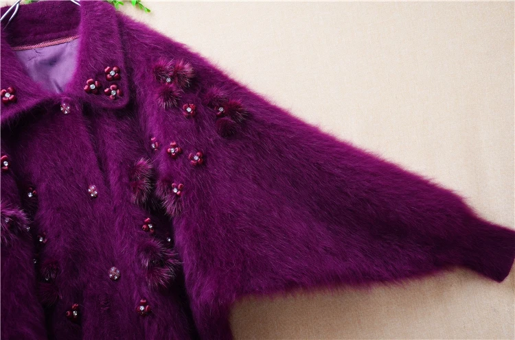 Women Mujer Autumn Winter Purple Vintage Embroidery Beading Angora Rabbit Hair Knitted Long Batwing Sleeves Loose Cardigan Coat